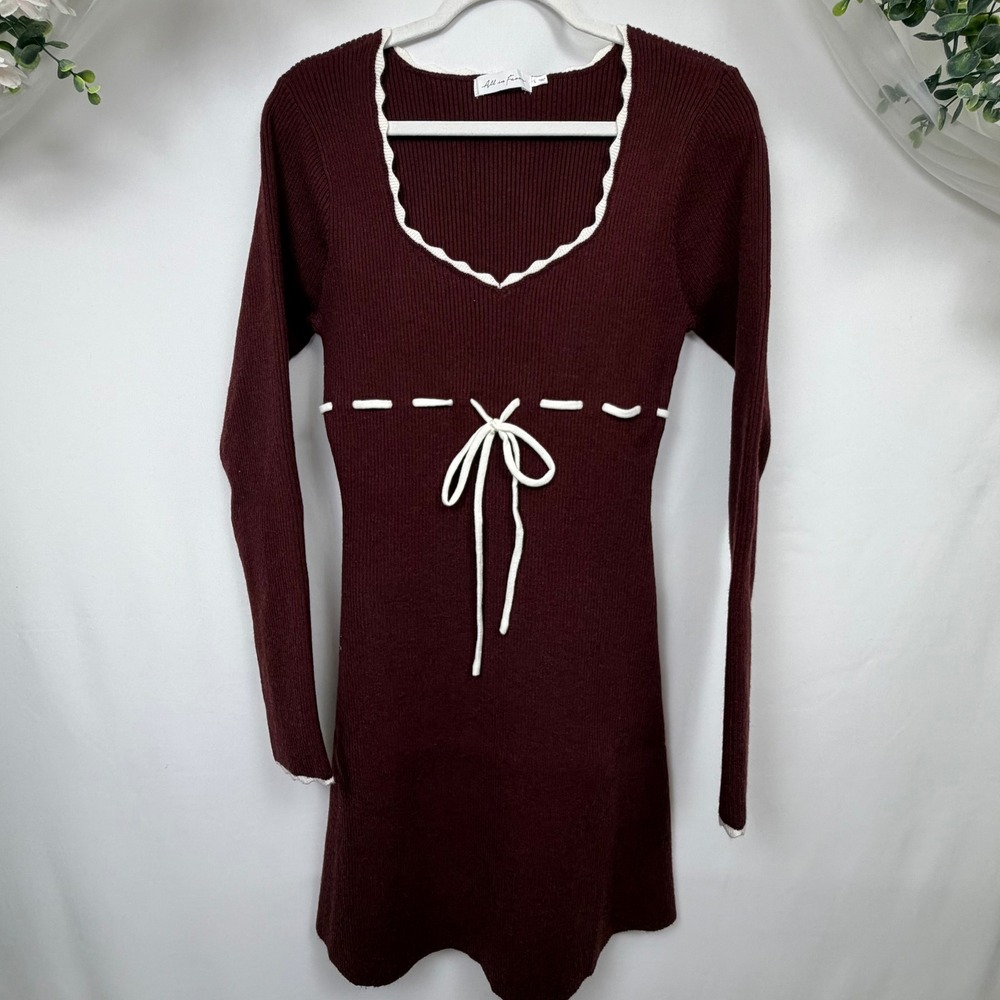 All in Favor Burgundy Ivory Ribbed Knit Scalloped Mini Dress LD50038-001 Large